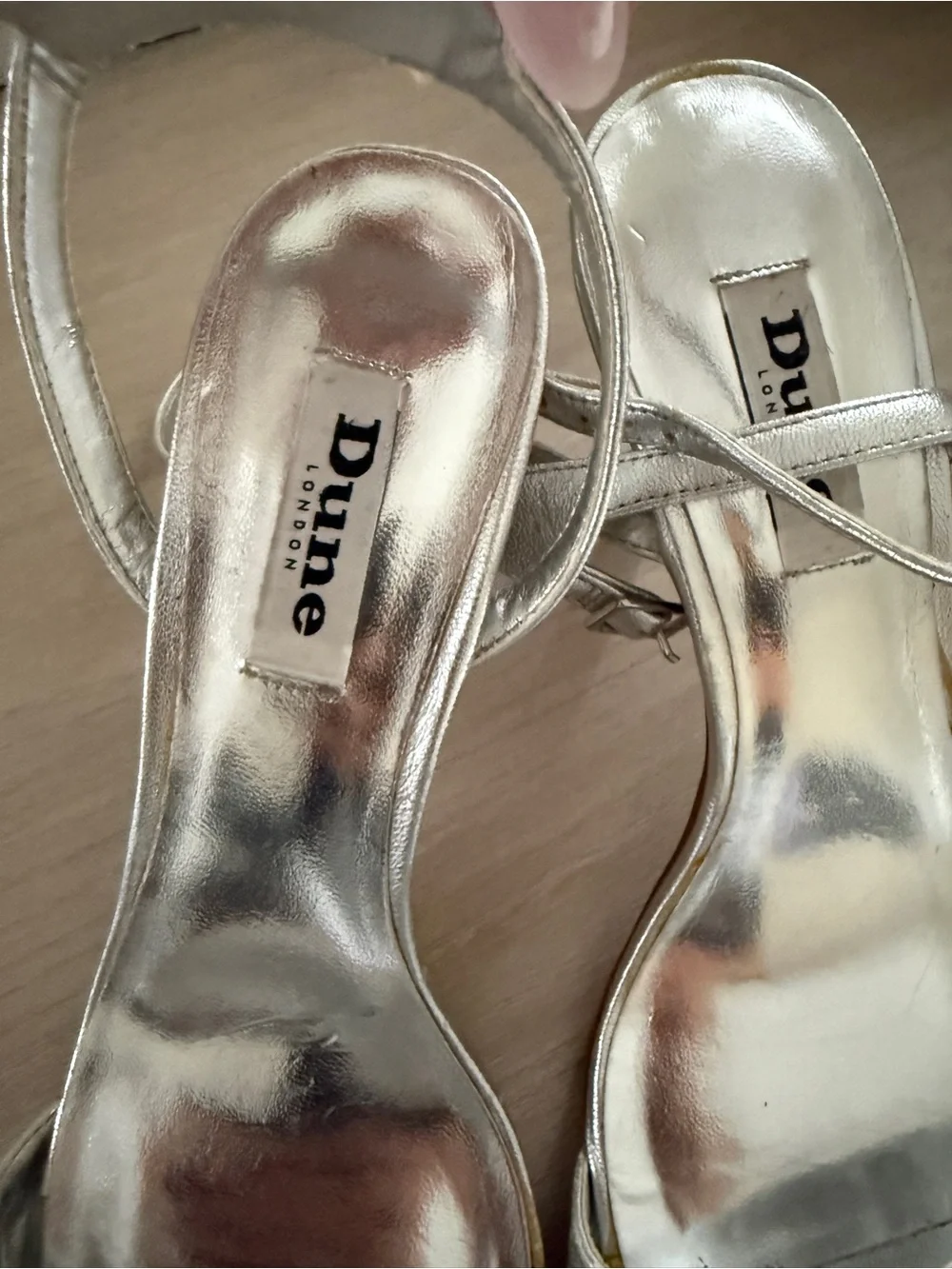 Dune London Silver Metallic Ankle-Strap Heels with Neon Bead Trim